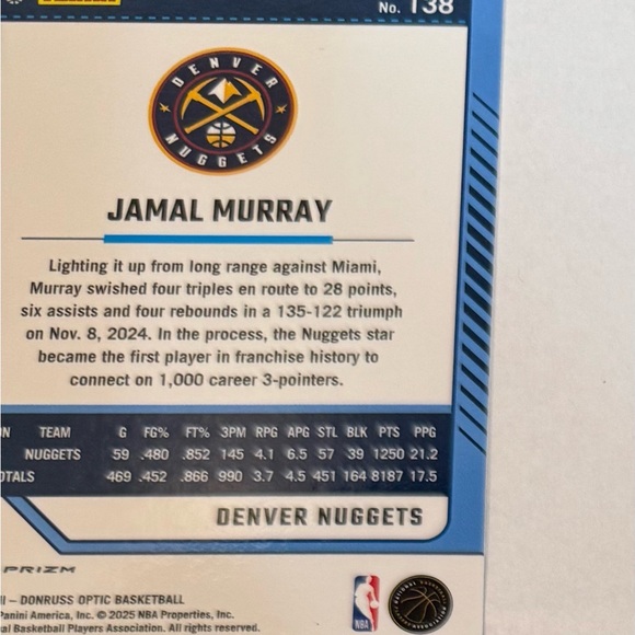 2024/25 Panini- Donruss Optic Basketball Jamal Murray # 138 Denver Nuggets - Picture 9 of 9